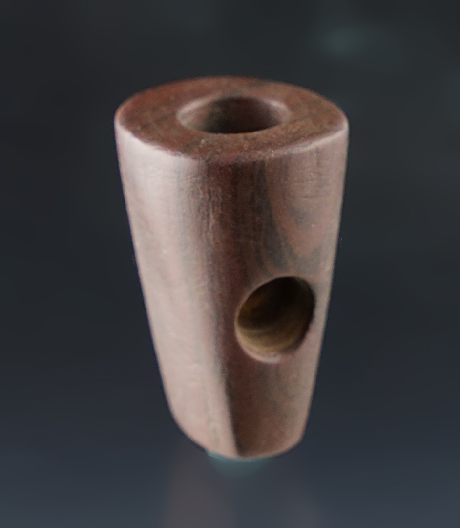 1 5/8" Vasiform Pipe made from red and black Banded Slate. Found in Franklin Co., Ohio.