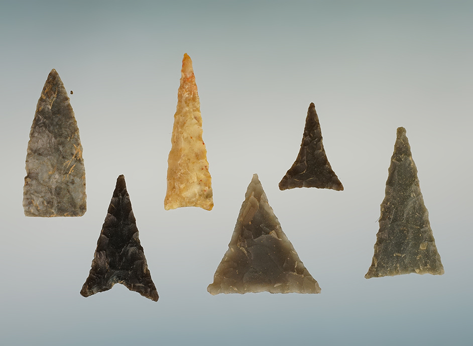 Set of 6 assorted Triangle points found in the Kentucky/Tennessee area. The largest is 1 1/4".