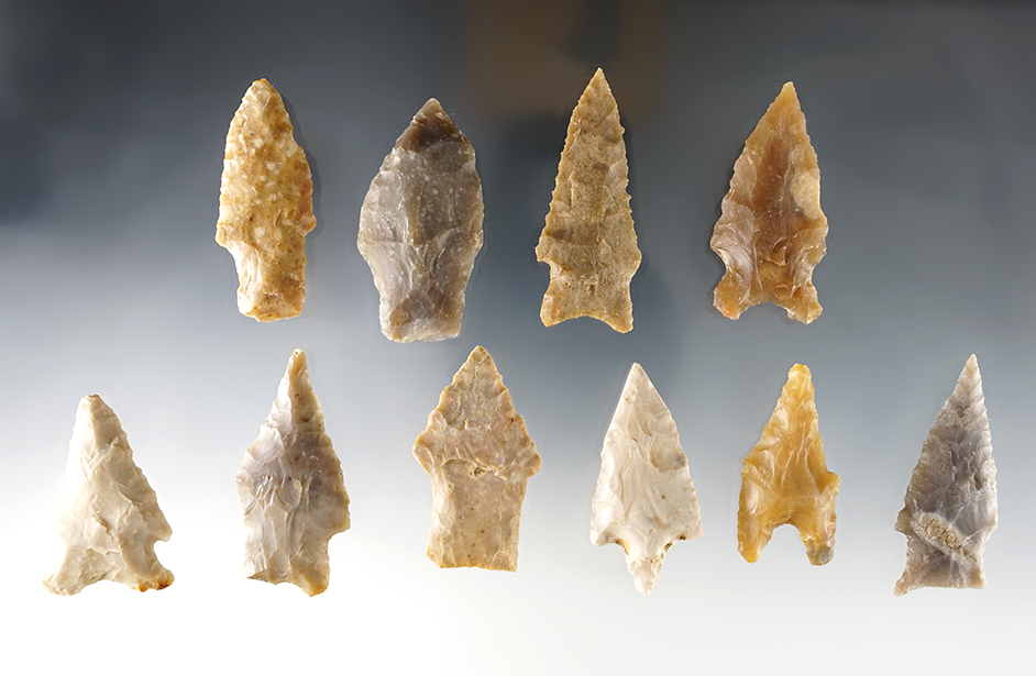 Set of 10 assorted Texas points in good condition. The largest is 2 1/8".