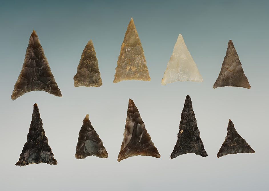 Set of 10 assorted Triangle points found in the Kentucky/Tennessee area. The largest is 1"