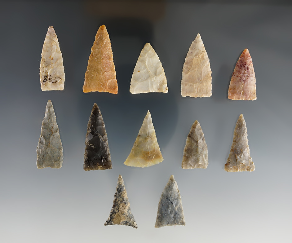 Set of 12 assorted Triangle points found in the Kentucky/Tennessee area. The largest is 1 5/16".