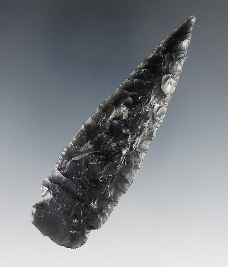 Nicely flaked 3 11/16" Willits Side-Notched made from patinated Obsidian. Stermer COA.