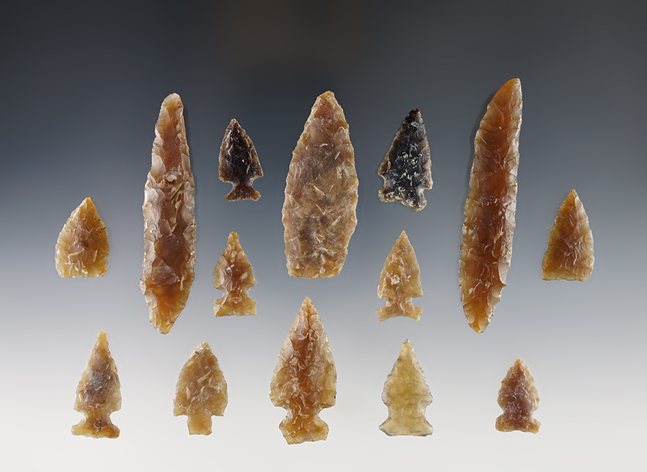 Set of 14 points made from Knife River Flint. Found near the Missouri River, South Dakota.
