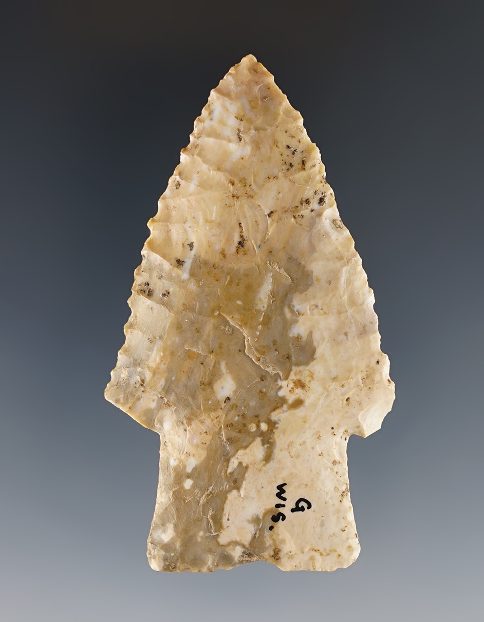 2 5/8" Wisconsin Hardin made from nicely colored flint with fine serrations.