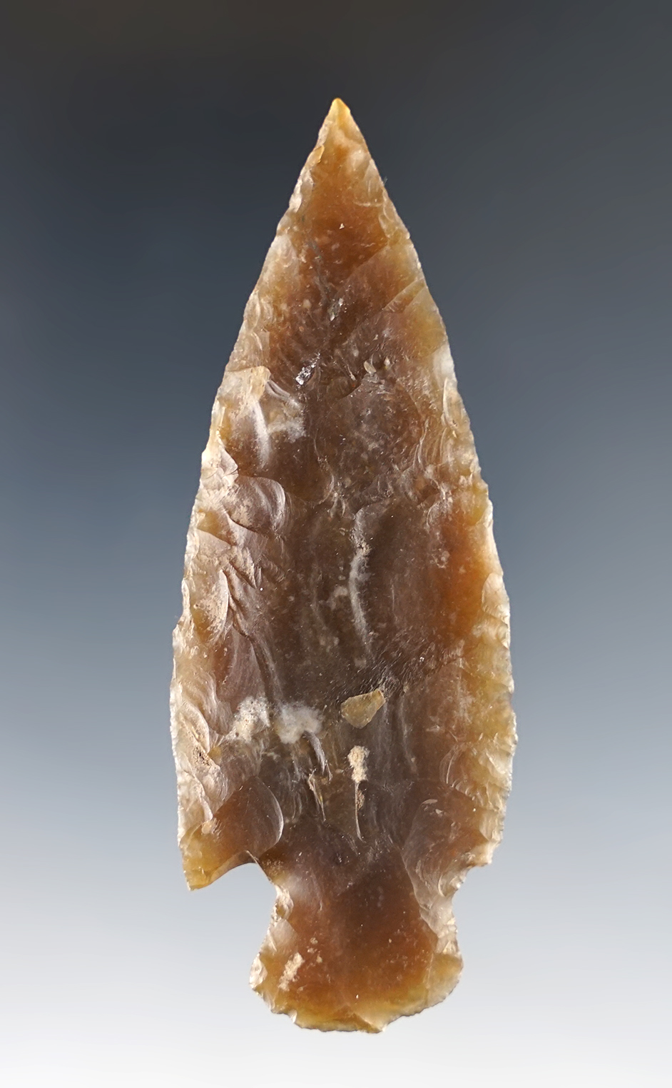 3 1/4" stemmed knife made from attractive semi translucent Root Beer Flint recovered in Texas.