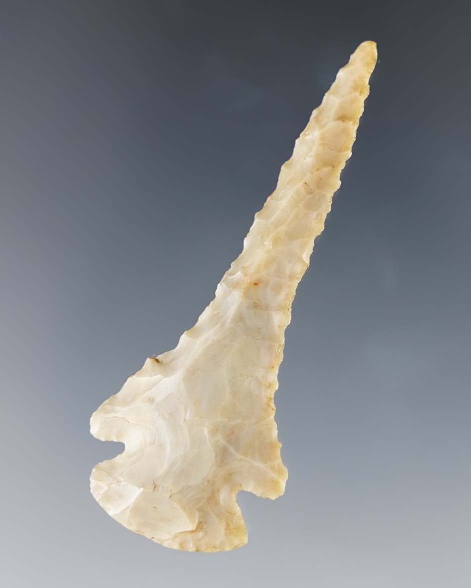 Nicely made 2 1/2" Dovetail Drill  made from Flint Ridge Chalcedony. Found in Ohio.
