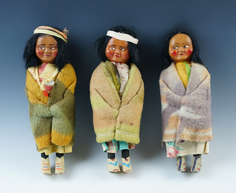 Set of 3 vintage Skookum Dolls. The largest is 9 1/2".
