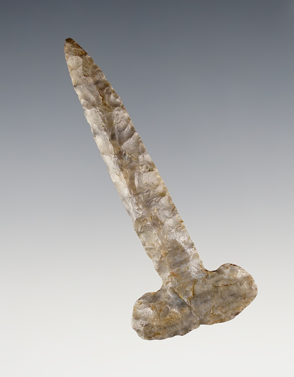 3 3/16" rare Thebes "E-Notch: Drill  made from Coshocton Gray Flint. Found in Licking Co., Ohio.