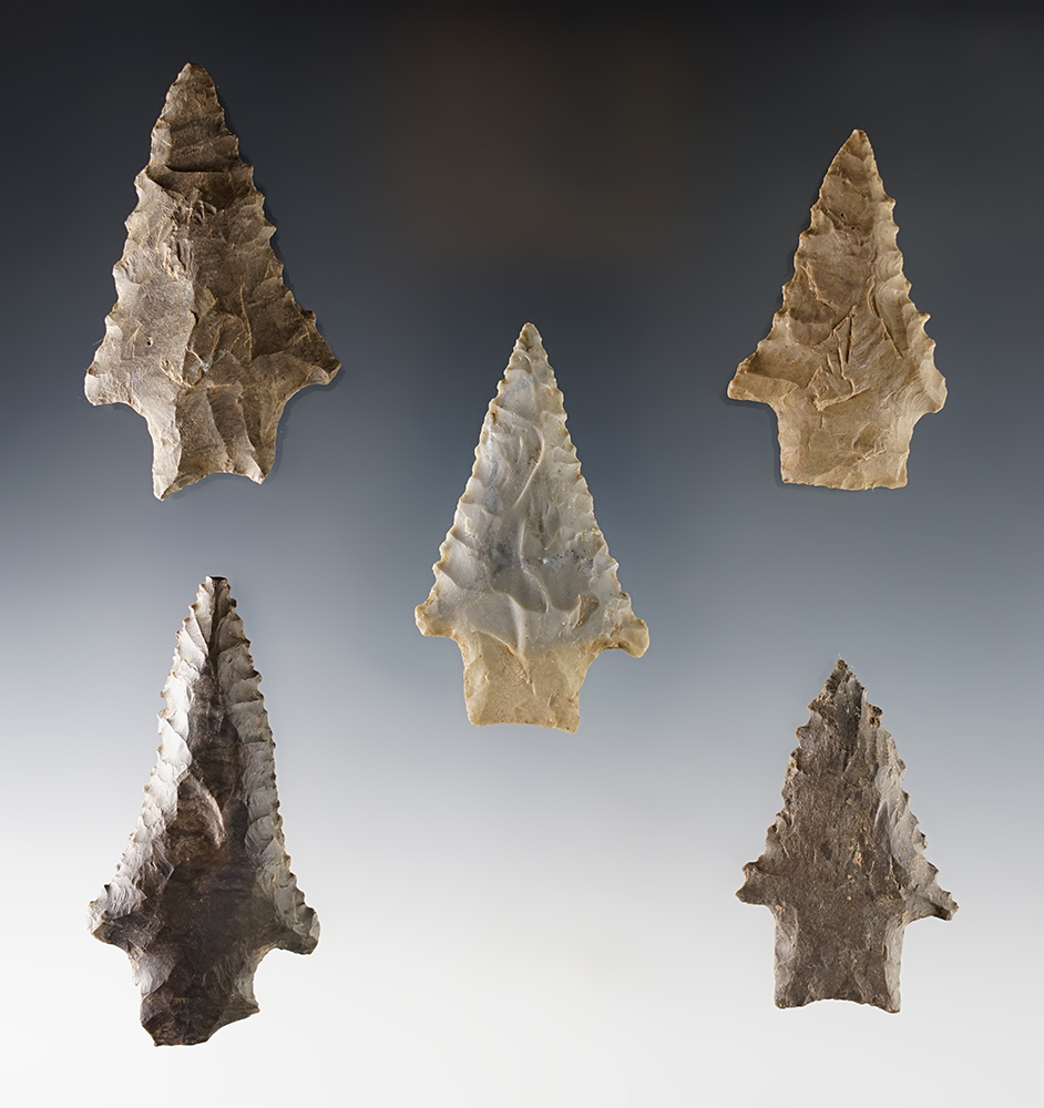 Set of 5 Stemmed Kirk points. Found by Joseph Dillion in Marshall Co., Kentucky. Largest is 2 1/2".