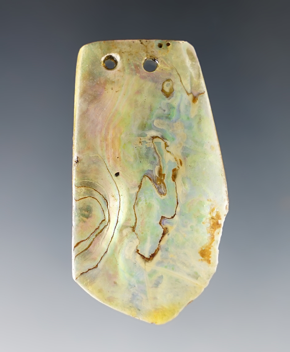 2 1/4" 2-Hole Pendant made from Abalone Shell. Found in Colusa Co., California.