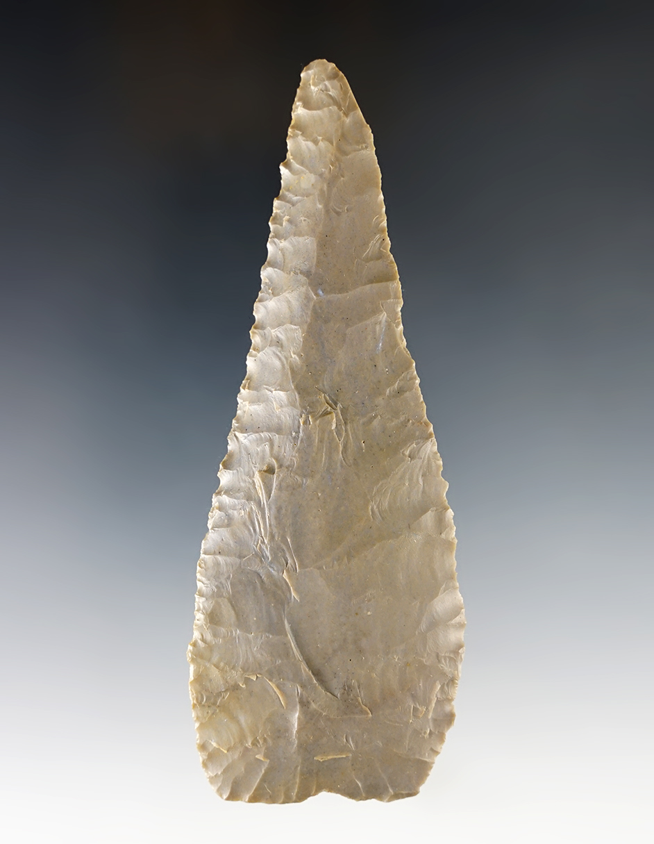 4 7/16" finely flaked beveled Knife - Lawrence Co., Illinois. Ex. Rusty Fleener, Jessie, Bitner.