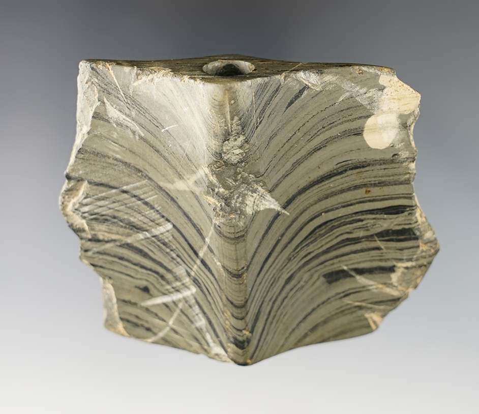 3 3/8" wide damaged Wing Bannerstone made from beautiful Banded Slate. Found in Ohio.