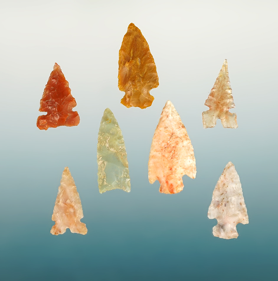 Set of 7 colorful and well made Nevada points in excellent condition. The largest is 1 1/16".