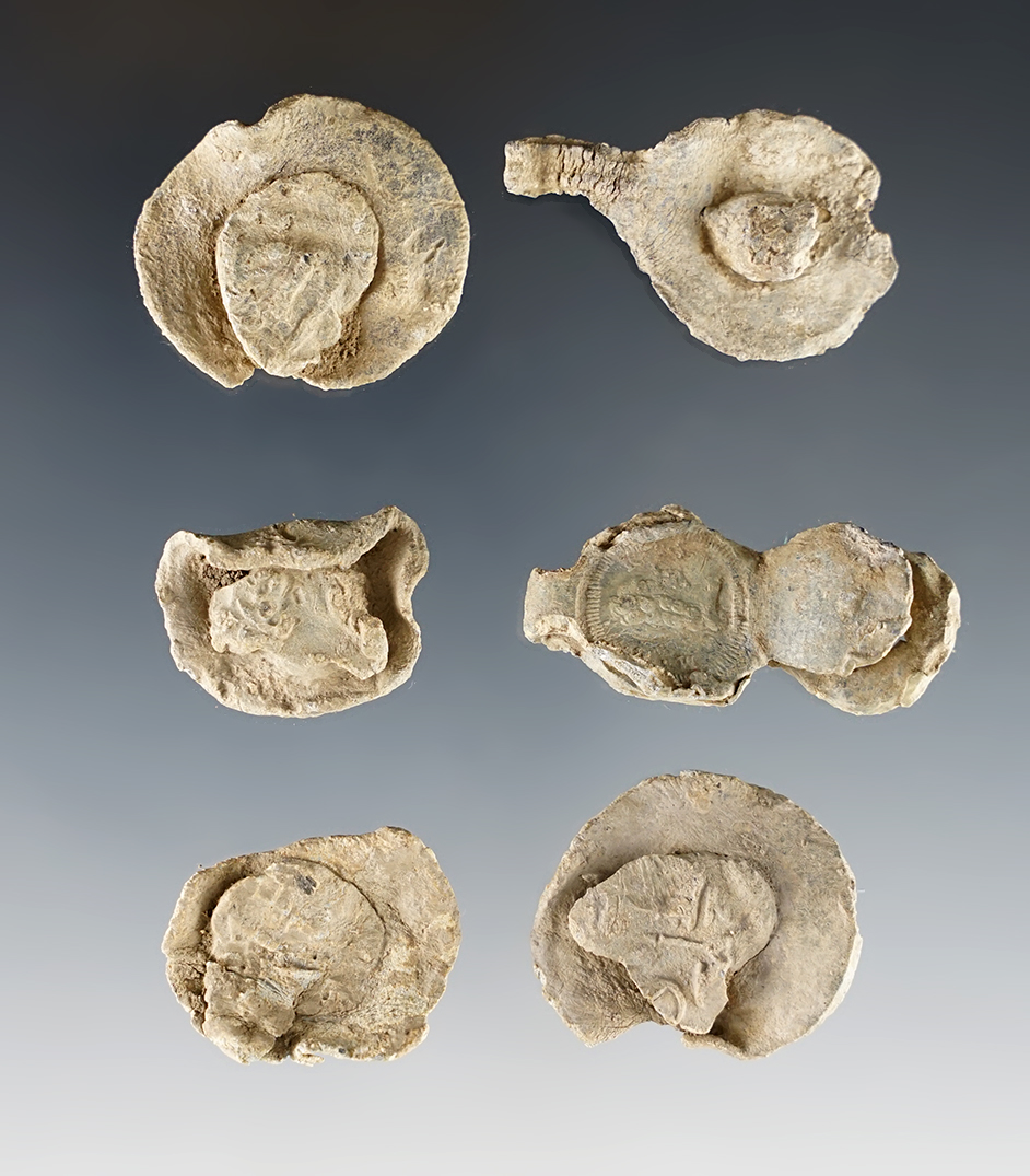 Set of 6 Lead Textile Bale Seals found at the White Springs Site, Geneva, New York. 