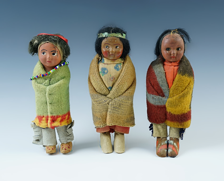 Set of three vintage dolls, all around 6 1/2" long. 