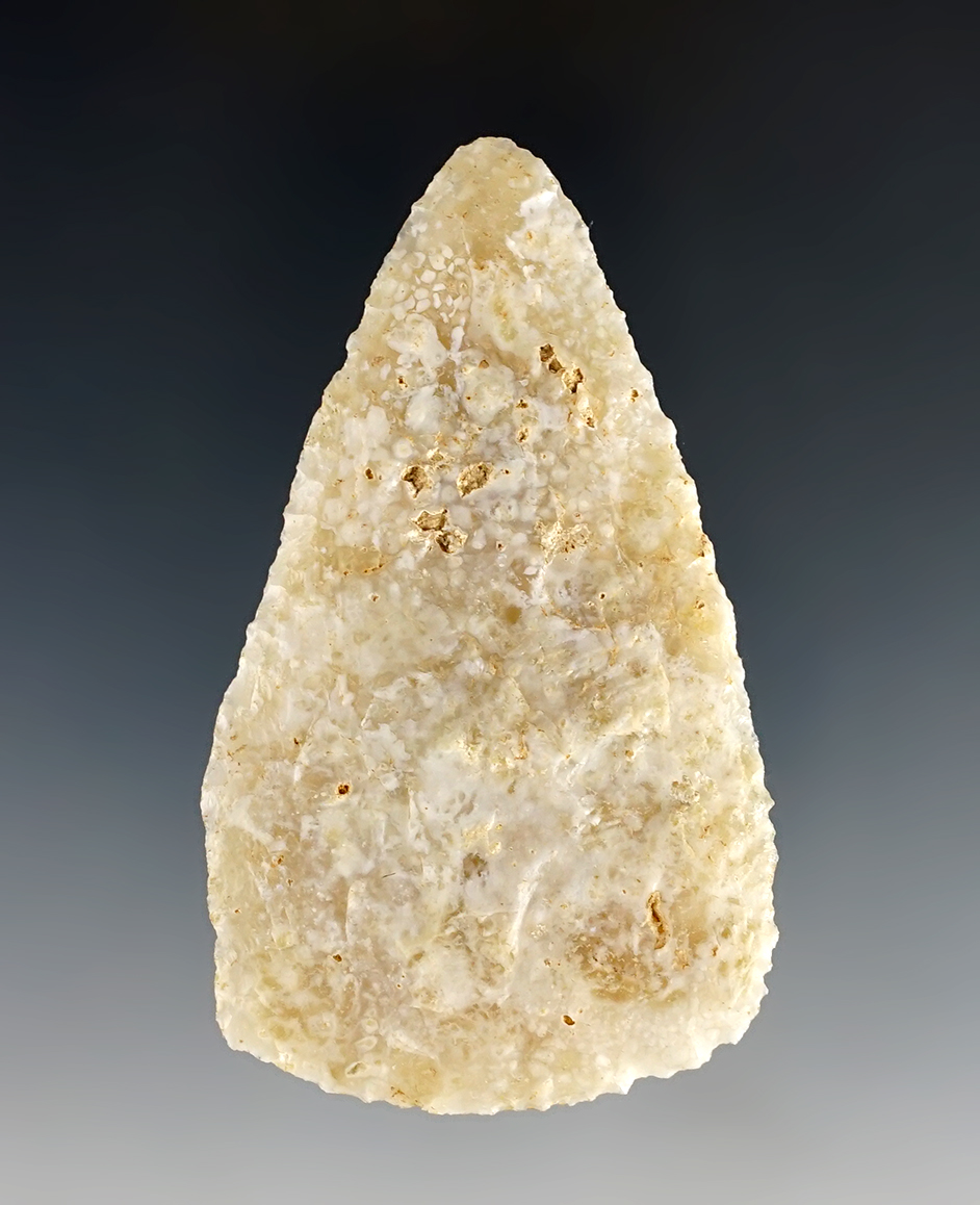 2 3/4" Triangular Knife made from patinated mottled Chalcedony. Found in Arizona. Stermer COA. 