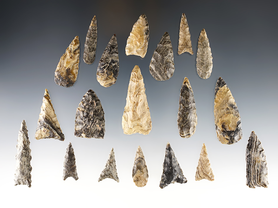 Set of 19 Cottonwood and Buck Gulley points. Malaga and Palos Verdes, Los Angeles Co., California.