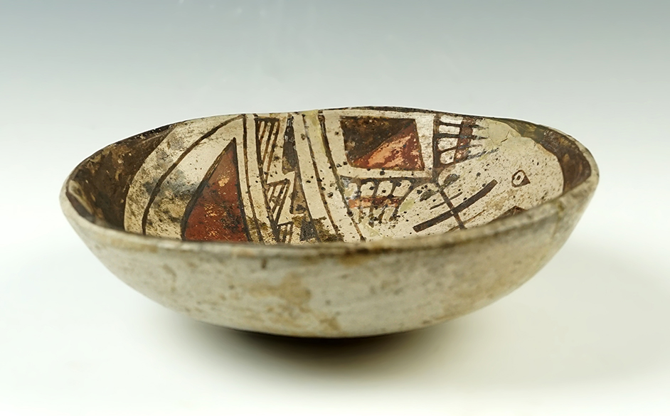 5 1/2" Ramos Polychrome Bowl with nice design and artwork. Broken and glued in 3 places.