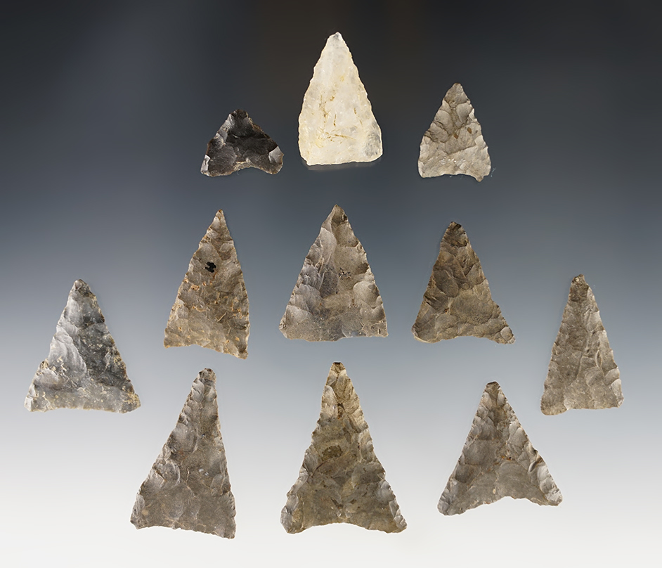 Set of 11 Triangle points found in Afton, Chenango Co., New York several farms. The largest is 1 5/8".