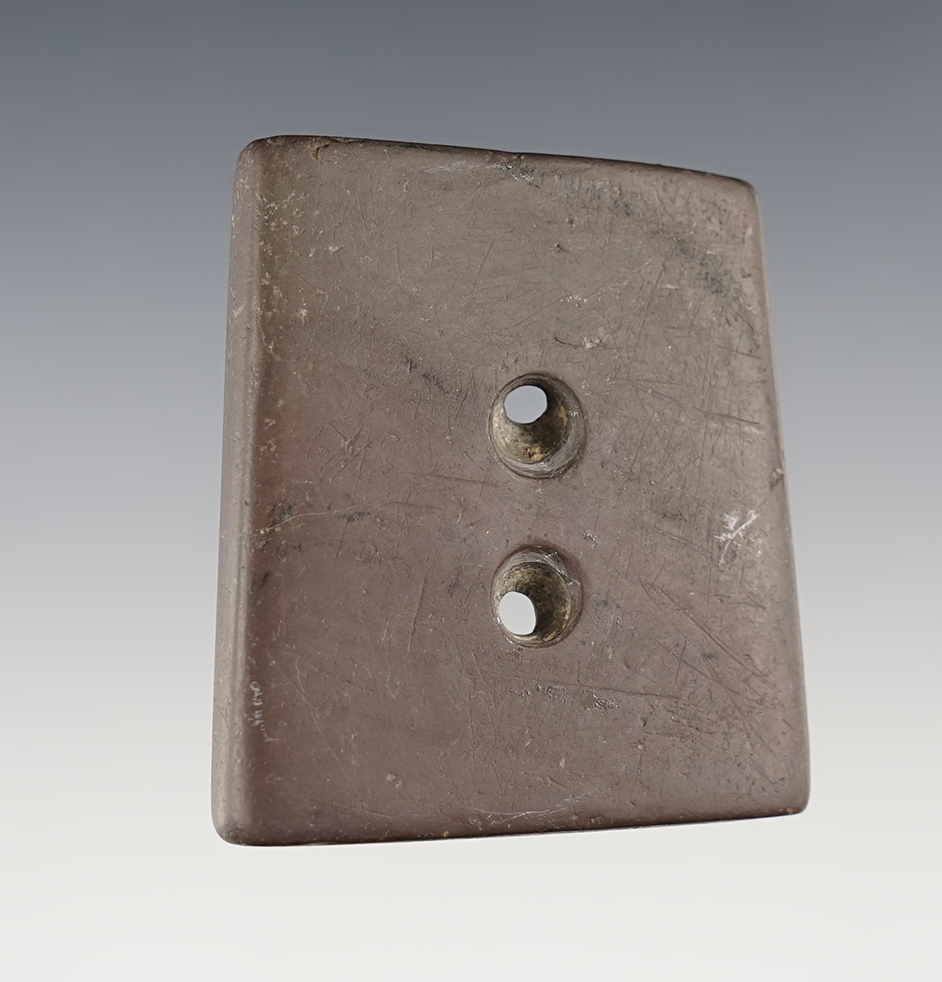 Nicely made 2 1/4" wide Square Gorget found in Pike Co., Illinois. Ex. Payne collection.