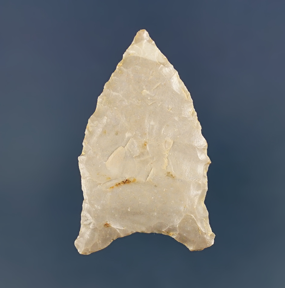 1 3/4" Paleo Quad found in Grayson Co., Kentucky with nice ancient grinding to the basal area.