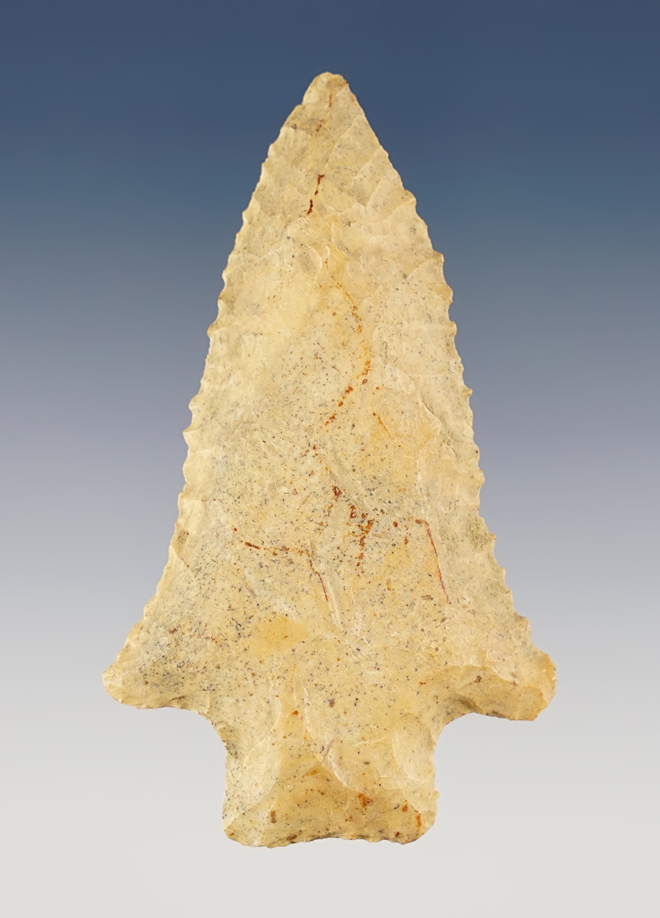 Nicely serrated 2 15/16" Kirk found in the Georgia/ South Carolina region. Coastal Plains Chert.