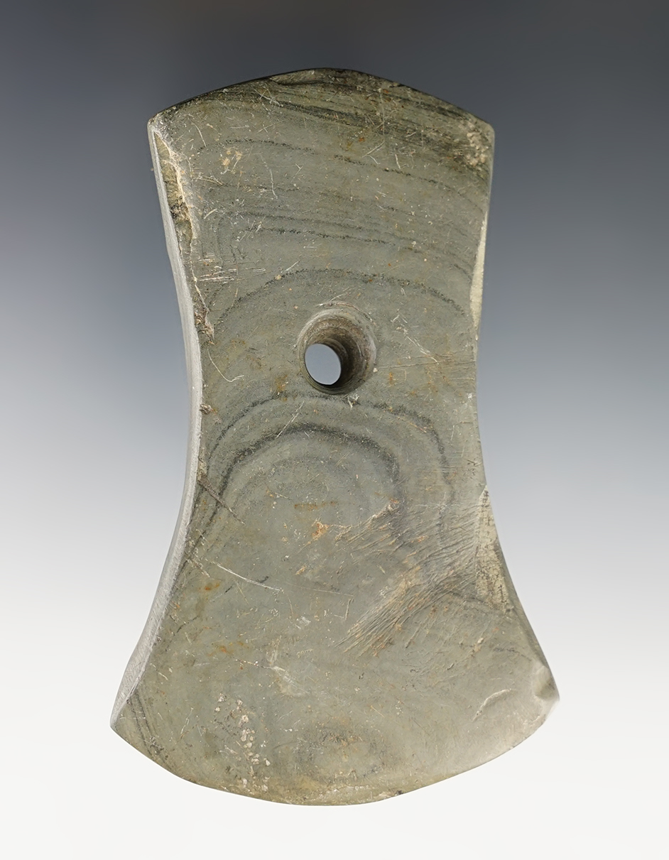 4 1/16" pentagonal pendant made from banded glacial slate recovered in Portage County Ohio.