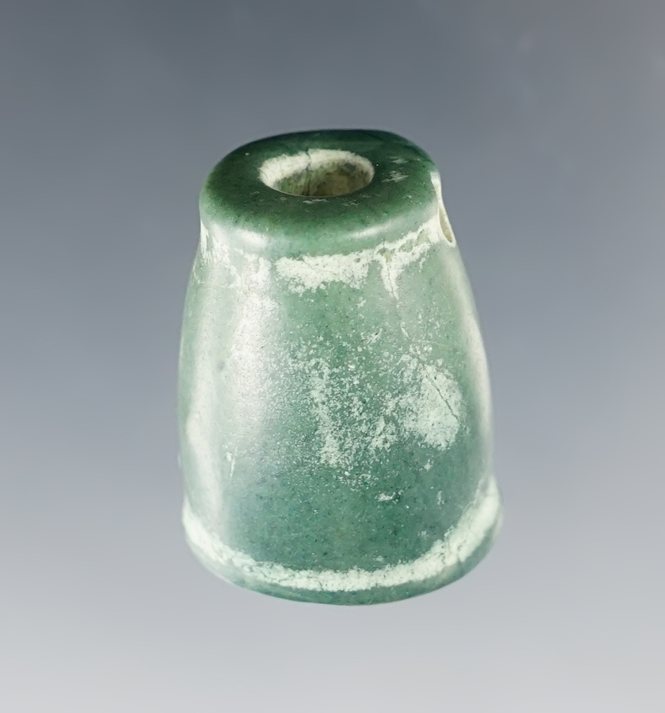1 1/16" Bell-shaped Bead made from green Jasper recovered in Guanacaste, Costa Rica.