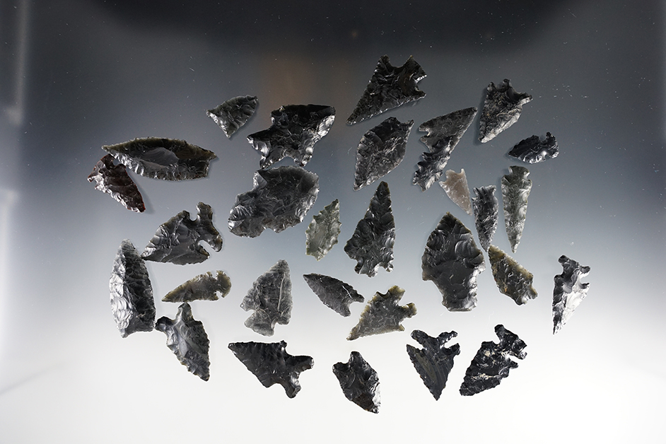 Set of 40 assorted Nevada points made from Obsidian. The largest is 2".