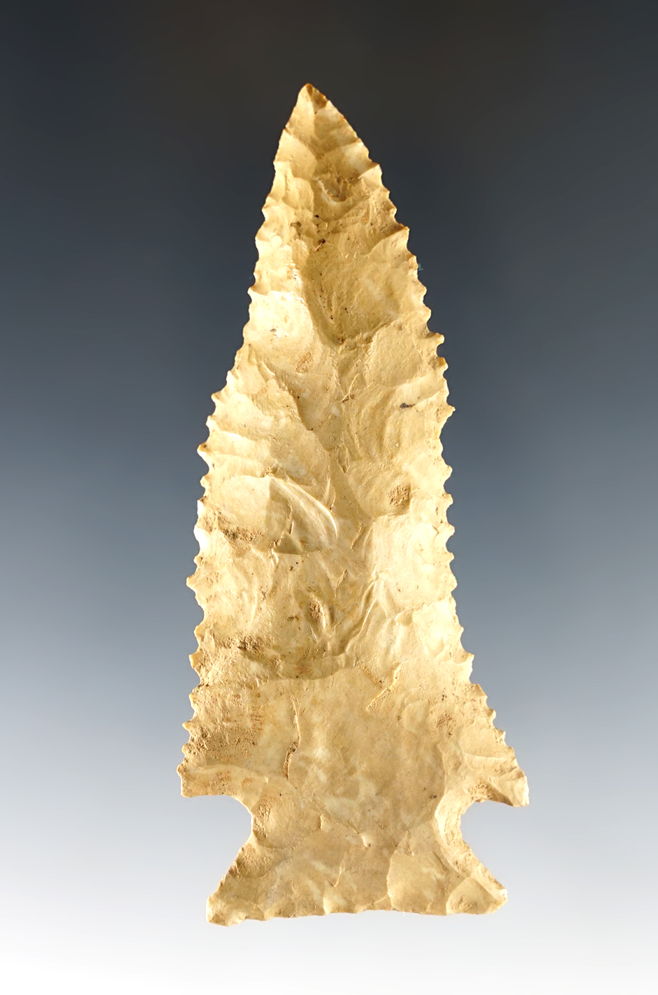 Nice! Excellent serrations on this 3 1/2" Pine Creek made from Fort Payne chert - Kentucky.