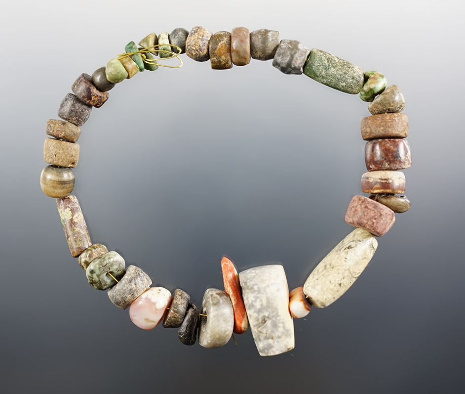4 7/8" Precolumbian jade and shell beads, Mexico, 1000 BCE - CE 300. Nice spondylus shell beads.
