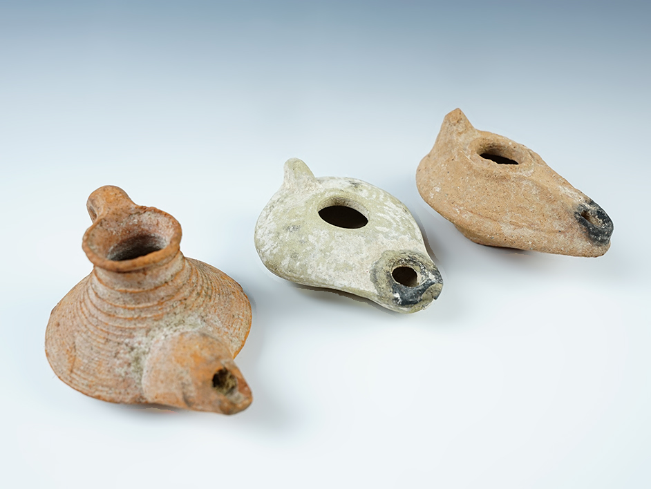 Set of 3 Clay Holy Lands Oil Lamps in nice condition. Largest is 3 3/4". 