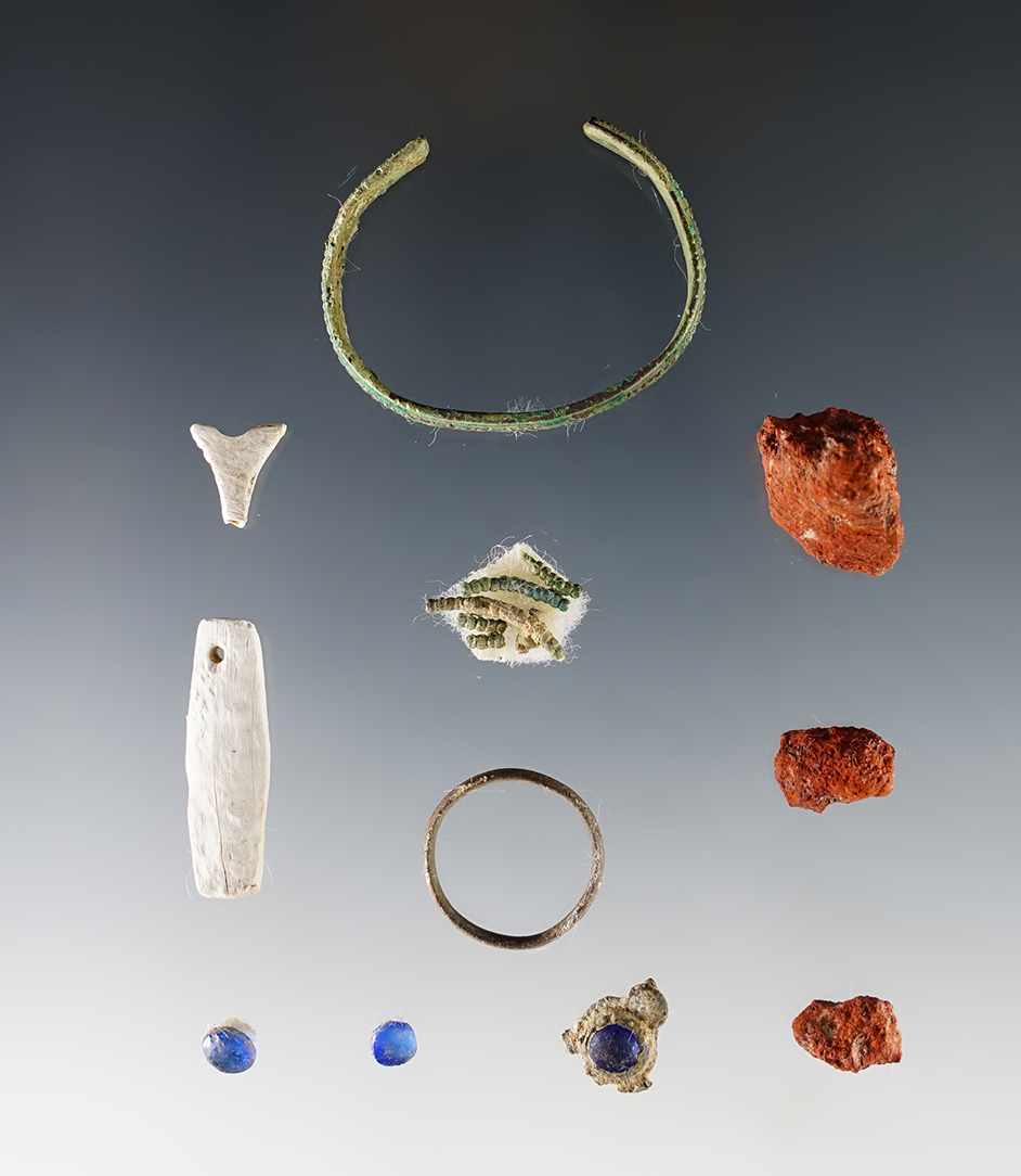 Set of artifacts including a Brass Bracelet, Ring and more. Townley-Read Site in Geneva, New York.