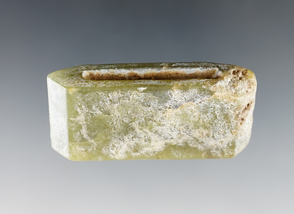 2 5/16" belt fitting with a beautiful crosshatched design - translucent green Jade. Southeast Asia. 