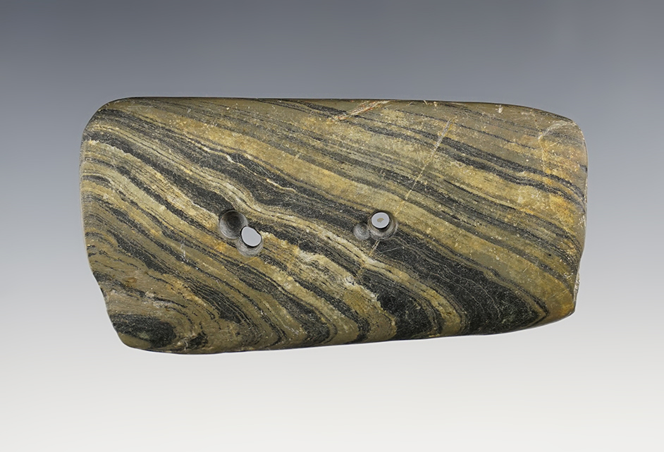 Nicely patinated 3 5/8" Gorget found in Canada. Ex. David Root collection, # 7599.