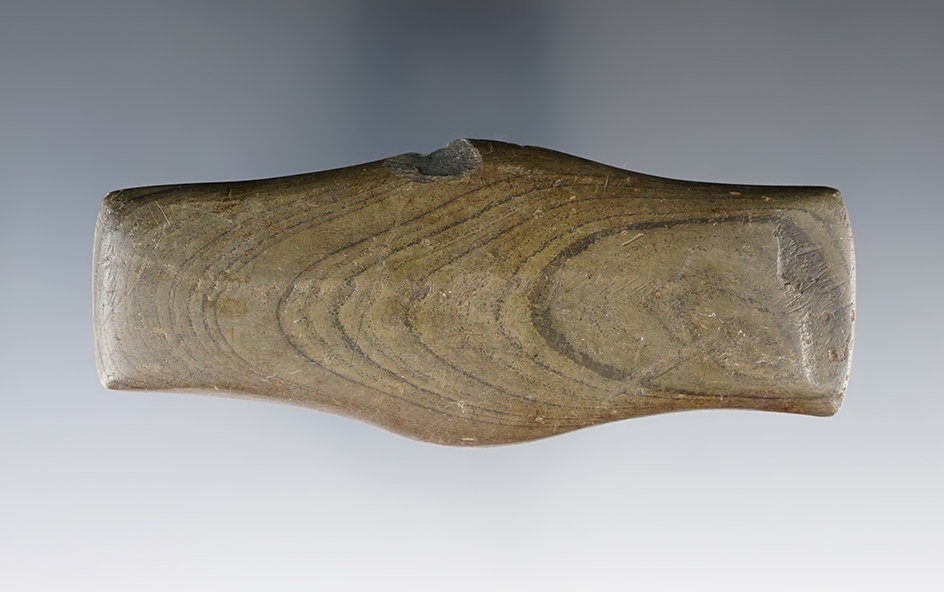 4 1/8" Undrilled Hopewell Expanded Center Gorget made from Banded Slate. Found in Medina Co., Ohio