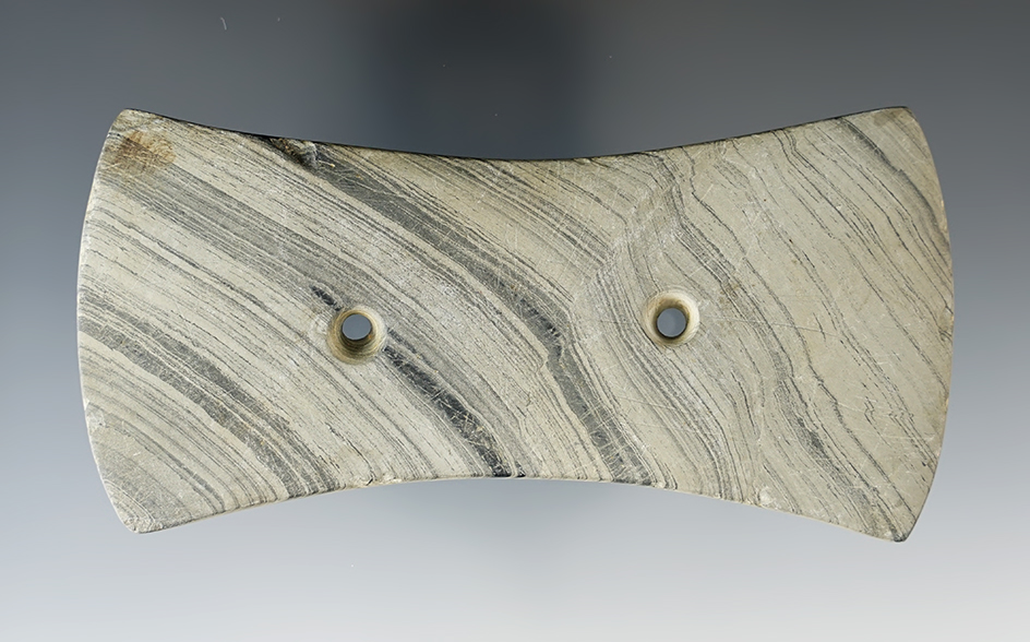 4 5/8" Adena Bi-Concave Gorget made from Banded Slate, found in Ohio.