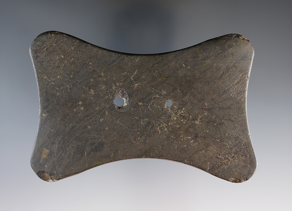 4 1/8" Adena Quadriconcave Gorget made from Mottled Slate. Found in Perry Co., Ohio. Ex. Wehrle.