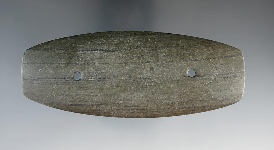 4 7/16" Glacial Kame Gorget found by Carl Hein in Seneca Co., Ohio. Ex. Carl Hein, John Ziegler.