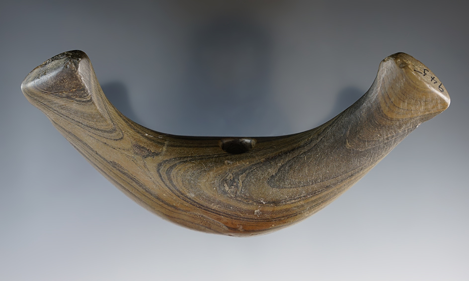 5" by 2 1/2" Archaic Knobbed Lunate Bannerstone found in Newberry Twp., Miami Co., Ohio.