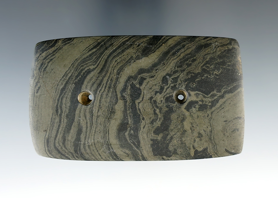 3 9/16" Hopewell Rectangular Gorget made from green and black Mottled Slate. Warren Co., Ohio.