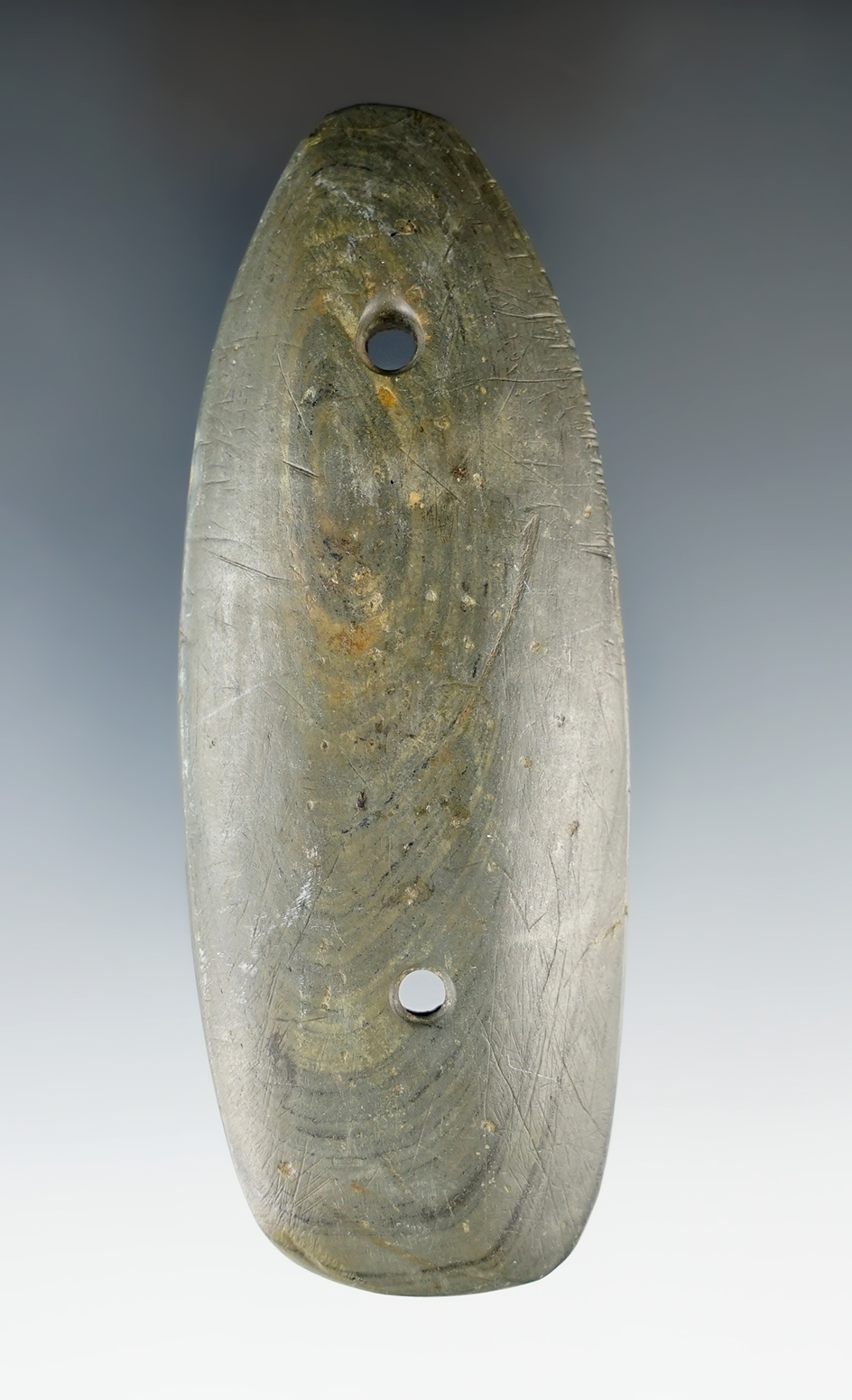 3 15/16" Glacial Kame Gorget made from green and black Banded Slate. Found in Richland Co., Ohio.