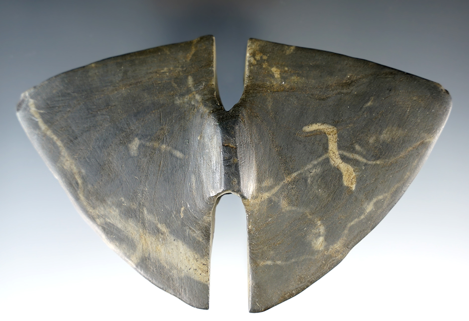 5 1/2" by 3 3/8" Archaic Butterfly Bannerstone found in Wayne Co., Michigan. Ex. Harmen Johnson.