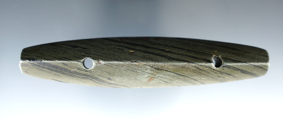 4 7/8" Glacial Kame Ridge Gorget made from green and black Banded Slate. Found in Huron Co., Ohio.