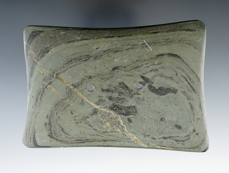 4 1/16" Adena Quadriconcave Gorget made from green and black Mottled Slate. Franklin Co., Ohio.