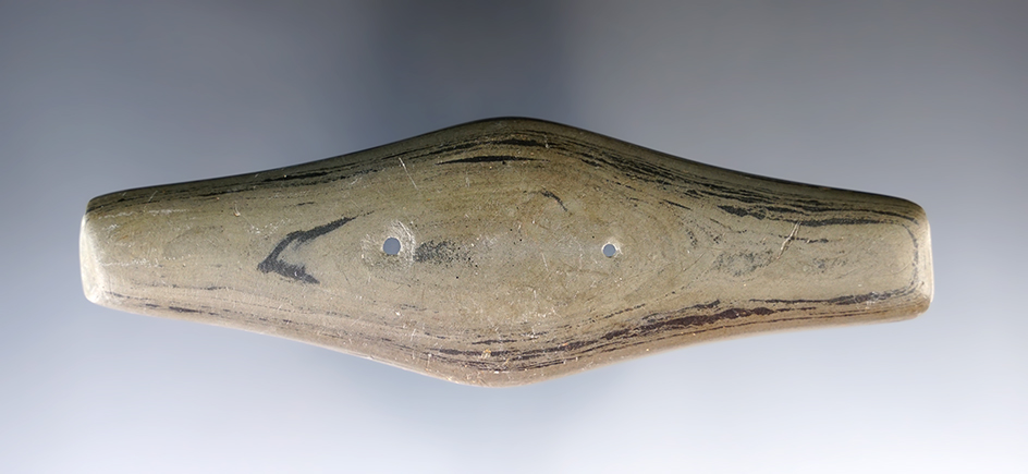 5" Adena Expanded Center Gorget made from green and black Banded Slate. Found in Allen Co., Ohio.