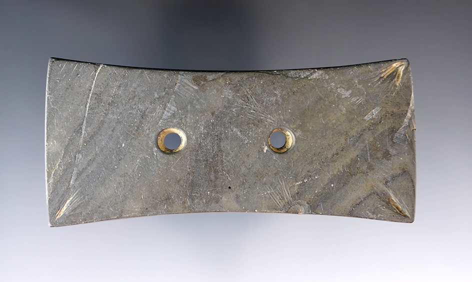 4 5/16" Bi-Concave Gorget with very unique engravings at the corners. Found in Hardin Co., Ohio. Ex.