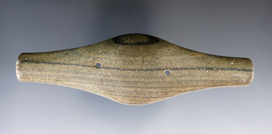 5 1/8" Adena Expanded Center Gorget found in Lake Co., Ohio. Pictured in Prehistoric American!