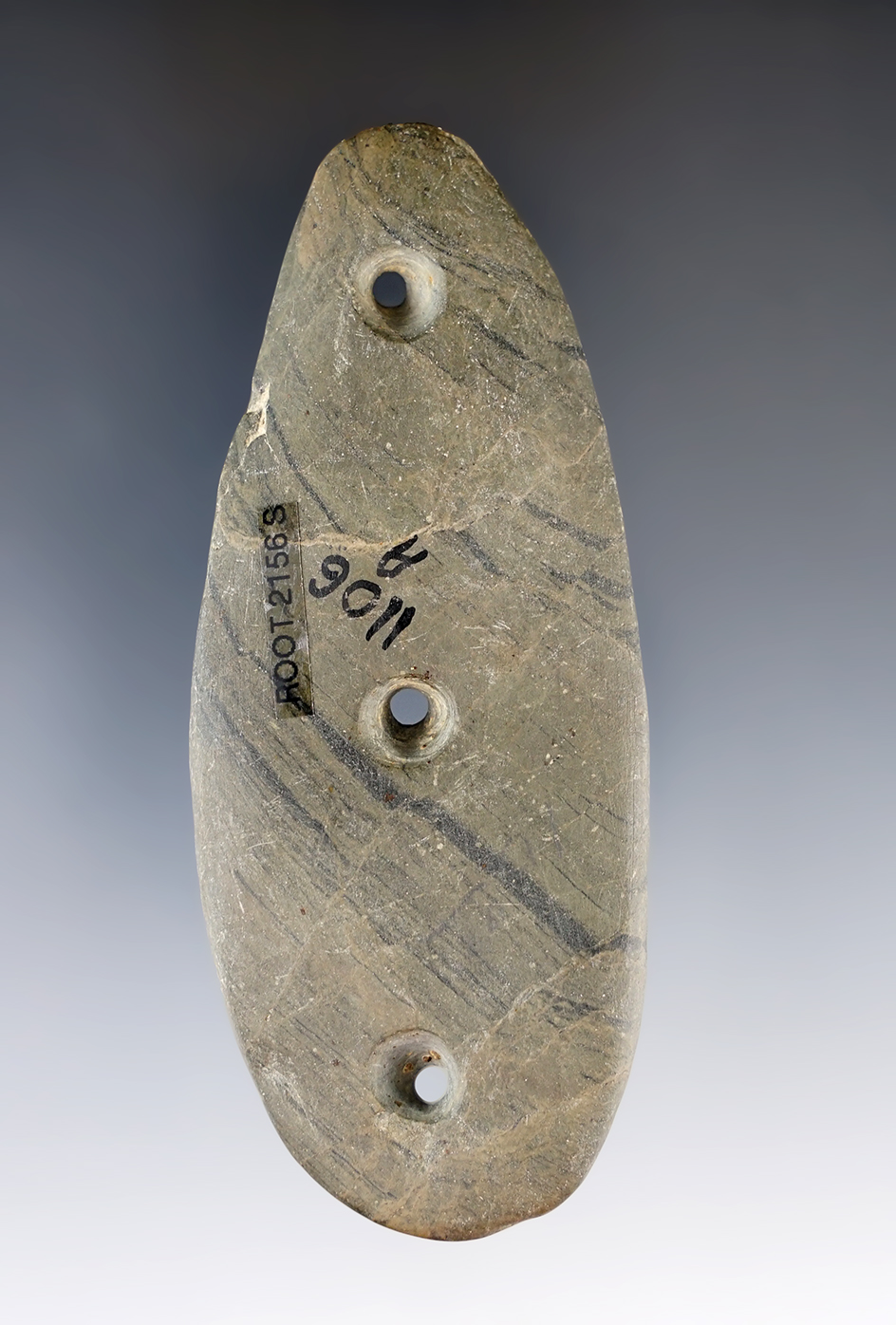 3 13/16" Glacial Kame Three Hole Gorget found in Licking Co., Ohio. Ex. Wehrle (#2007W), Jack Hooks.