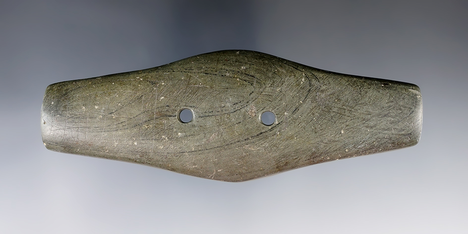 5 1/8" Hopewell Expanded Center Gorget made from Banded Slate. Found in Montgomery Co., Ohio.